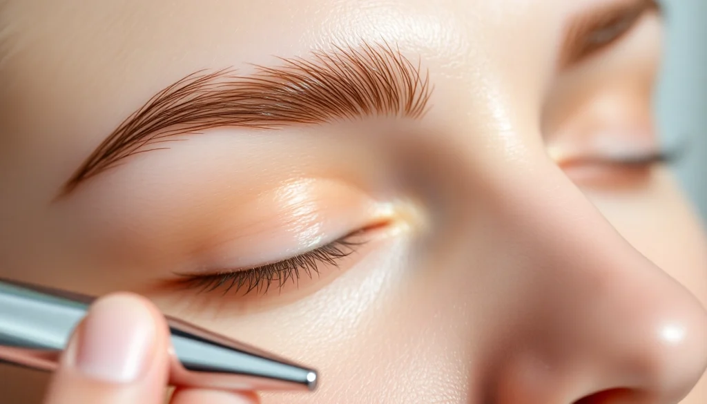 Eyebrow shaping techniques applied to perfectly groomed brows, highlighting precision and care.