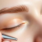 Eyebrow shaping techniques applied to perfectly groomed brows, highlighting precision and care.