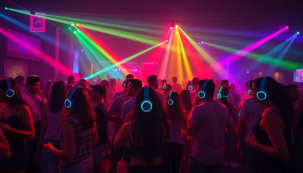 Experience a lively Silent Disco Fort Collins with diverse dancers enjoying vibrant LED lights and headphones.