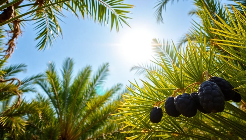 Harvesting fresh Ajwa Dates from a palm tree, showcasing their rich black skin and healthy appearance.