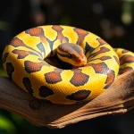 Showcasing a stunning Volta ball python for sale​ with intricate scales basking in natural light.