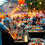 Enthusiastic guests enjoying a Caterer für Grillbuffet und BBQ in Berlin event featuring delicious grilled dishes and vibrant decorations.