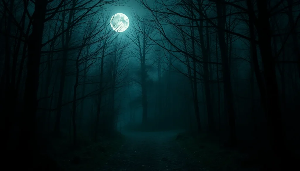 Experience the chilling ambiance of HellHorror.com with an eerie moonlit forest path.