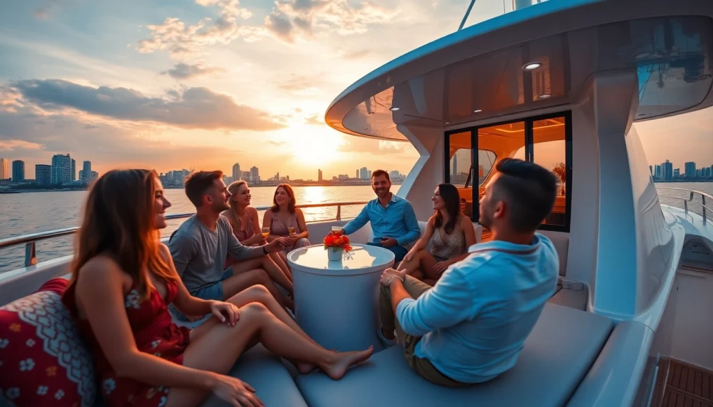 Experience the luxury of 호치민 황제코스 with friends aboard a private yacht during sunset.