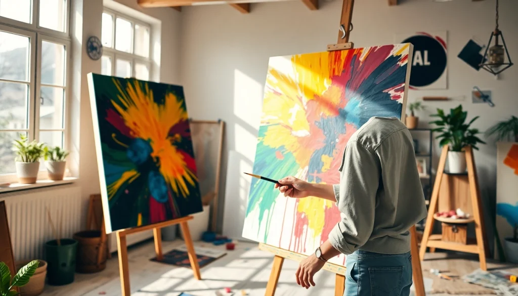 Creator painting a vibrant mural in a sunny studio showcasing artistic talent and creativity.