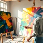 Creator painting a vibrant mural in a sunny studio showcasing artistic talent and creativity.