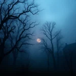 Experience the eerie ambiance of HellHorror.com with a foggy forest and a haunted house.