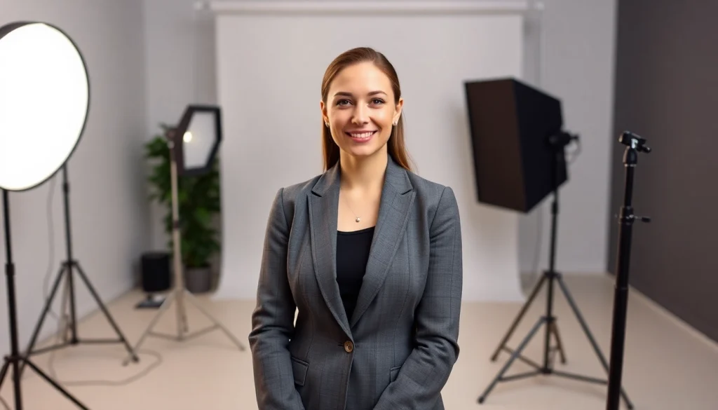 Capture corporate headshots showcasing a confident professional in a modern studio setting.