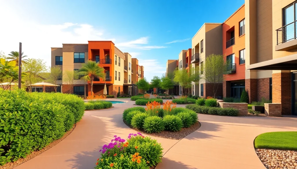 Modern apartments for rent in Glendale AZ with beautiful landscaping and inviting entrance.