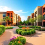 Modern apartments for rent in Glendale AZ with beautiful landscaping and inviting entrance.