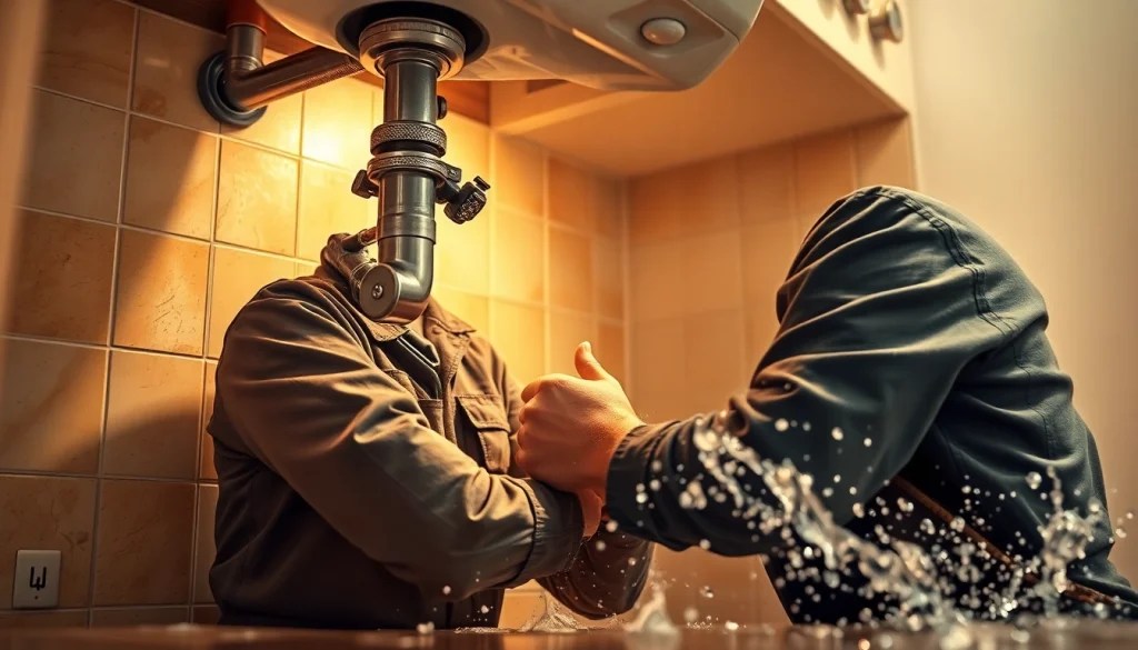 Emergency plumber repairing a burst pipe under a sink, ensuring swift resolution of plumbing issues.
