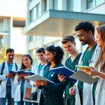 Students discussing MBBS in Australia fees outside a university building, emphasizing academic collaboration.