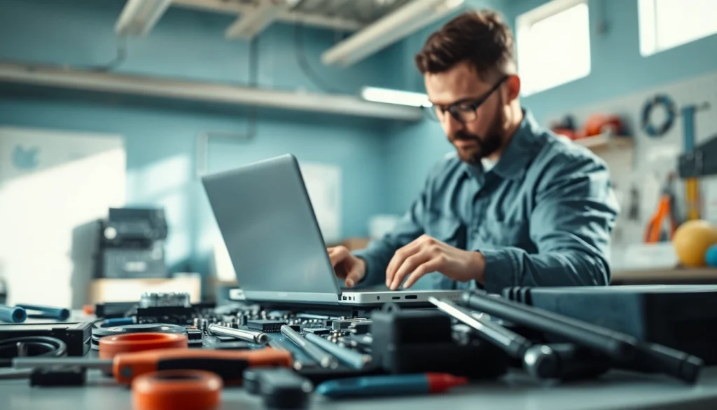 Riparazione pc torino: Tecnico mentre ripara un laptop in un'officina moderna.