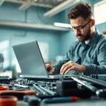 Riparazione pc torino: Tecnico mentre ripara un laptop in un'officina moderna.
