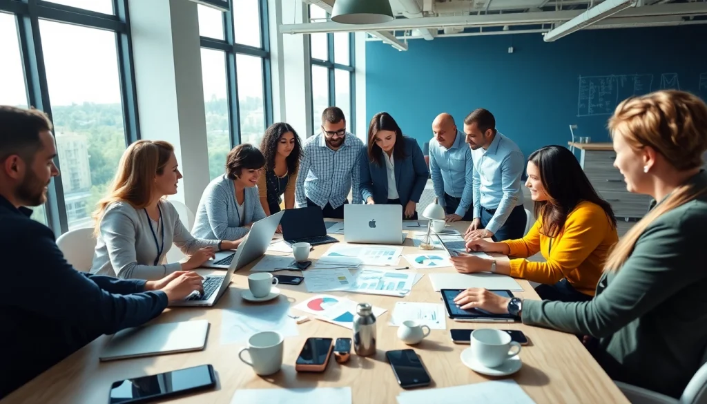 Social media agency team collaborating energetically in a bright office setting.
