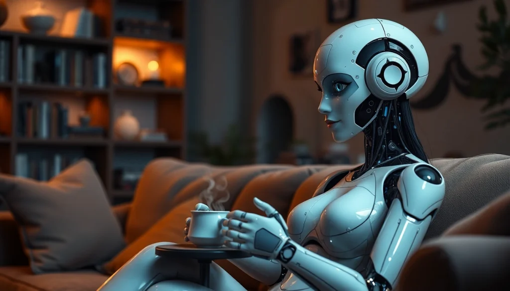 AI sex bot providing companionship in a cozy living room environment.