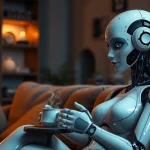 AI sex bot providing companionship in a cozy living room environment.