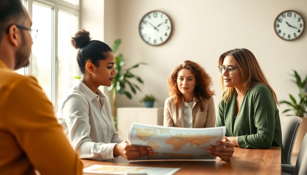 Clients discussing residency options with a professional consultant in a vibrant office setting.