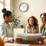 Clients discussing residency options with a professional consultant in a vibrant office setting.
