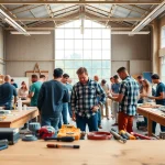 Engaged participants in custom workshops using tools and materials in a bright, creative space.