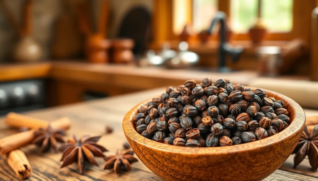 Enhance your dishes with aromatic cloves displayed in a wooden bowl on a kitchen table.