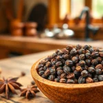 Enhance your dishes with aromatic cloves displayed in a wooden bowl on a kitchen table.