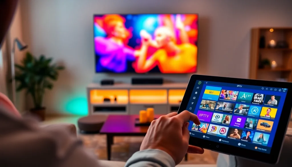 Showcasing engaging IPTV services setup with vibrant content on a large TV screen.