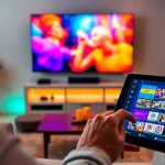 Showcasing engaging IPTV services setup with vibrant content on a large TV screen.