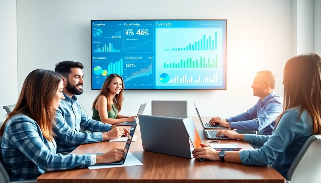 Team conducting a detailed competitor analysis meeting with data insights displayed.