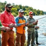 Anglers demonstrating stylish fly fishing apparel on a serene riverbank.