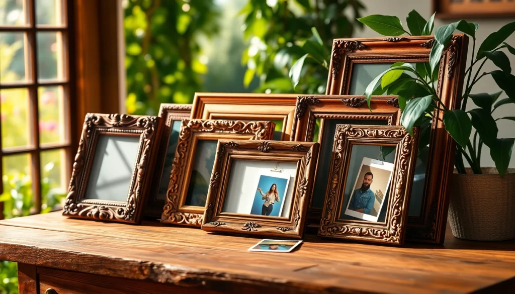 Showcasing vintage frames with intricate designs on a wooden table surrounded by greenery.
