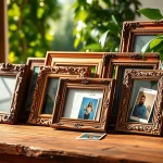 Showcasing vintage frames with intricate designs on a wooden table surrounded by greenery.