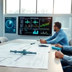 Piping stress analysis company engineers collaborating in a conference room with blueprints and models.