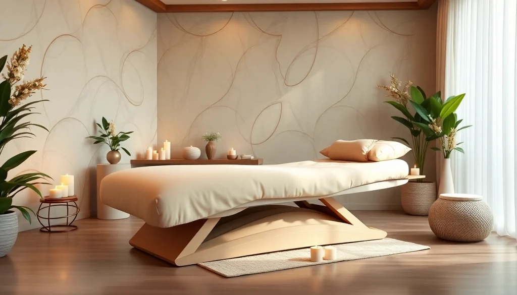 Komfortable kosmetik liege in einem luxuriösen Spa-Umfeld zwischen Pflanzen und Kerzen.