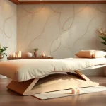 Komfortable kosmetik liege in einem luxuriösen Spa-Umfeld zwischen Pflanzen und Kerzen.