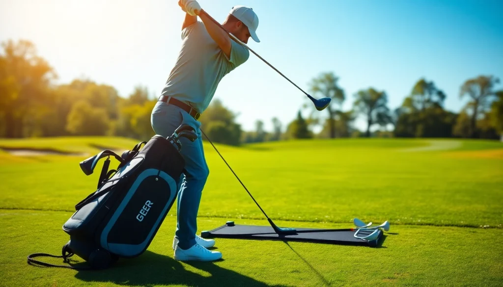 Golf swing training aid helping a golfer improve their swing technique on the driving range.