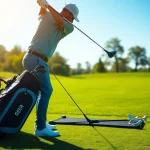 Golf swing training aid helping a golfer improve their swing technique on the driving range.