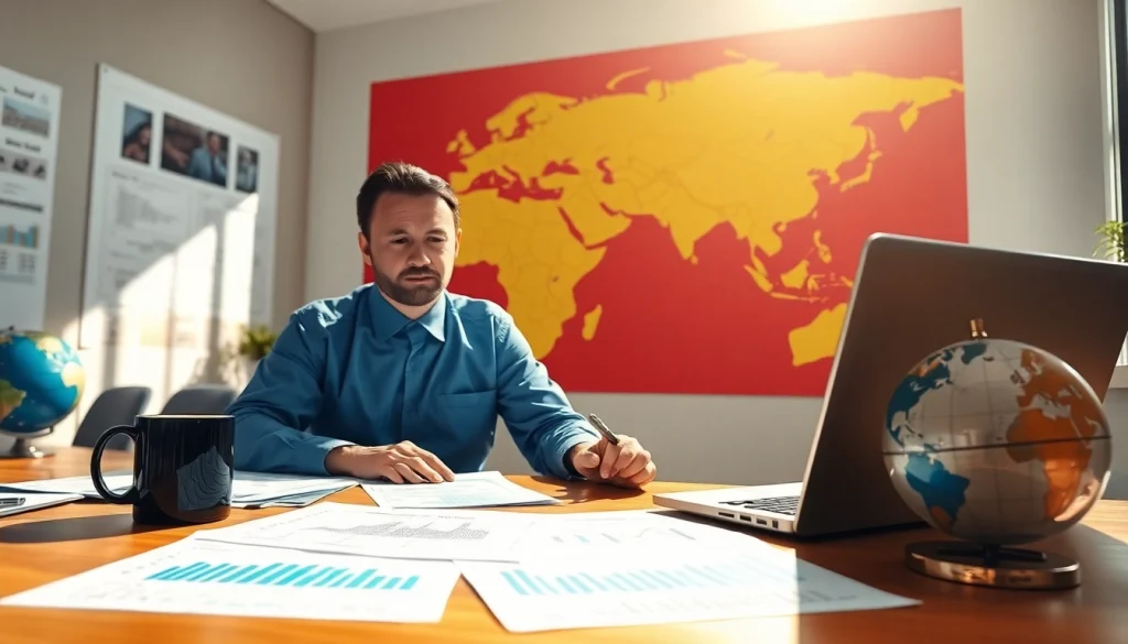 Analyze import tariffs in China with an economist at a desk filled with trade documents.