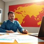 Analyze import tariffs in China with an economist at a desk filled with trade documents.