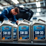 Mechanic inspecting a car engine with full synthetic motor oil 5w-30 prominently displayed in a bright automotive workshop.