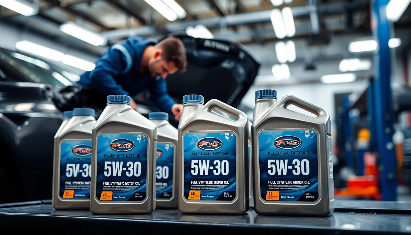Mechanic inspecting a car engine with full synthetic motor oil 5w-30 prominently displayed in a bright automotive workshop.