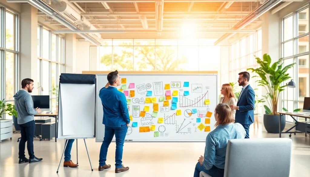 Professionals collaborating on business innovation ideas in a vibrant office setting.