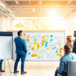 Professionals collaborating on business innovation ideas in a vibrant office setting.