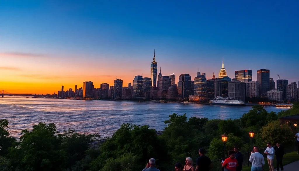 Discover the vibrant skyline of Jersey City NJ reflecting on the Hudson River at sunset.