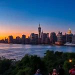 Discover the vibrant skyline of Jersey City NJ reflecting on the Hudson River at sunset.