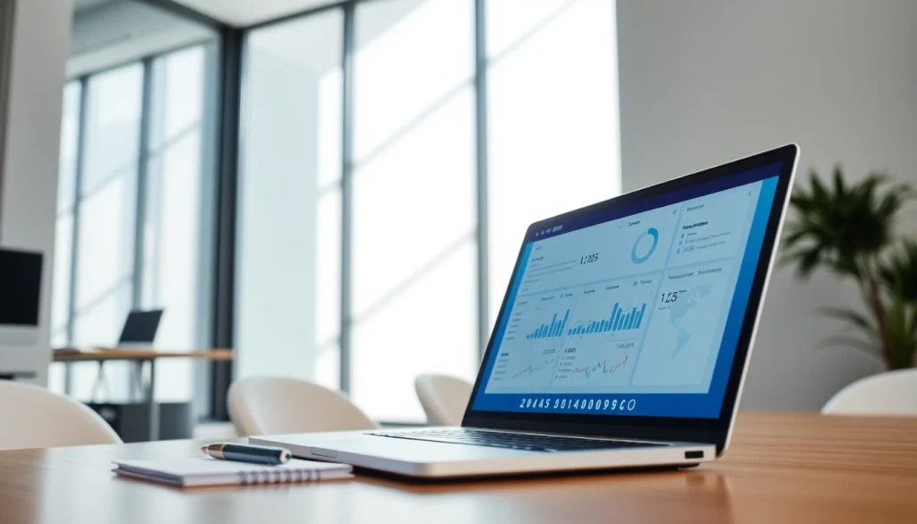 Showcasing accounts receivable automation software on a laptop with charts in a professional workspace.