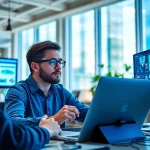 Boost creativity with AI design solutions in a modern workspace featuring a graphic designer and digital tools.