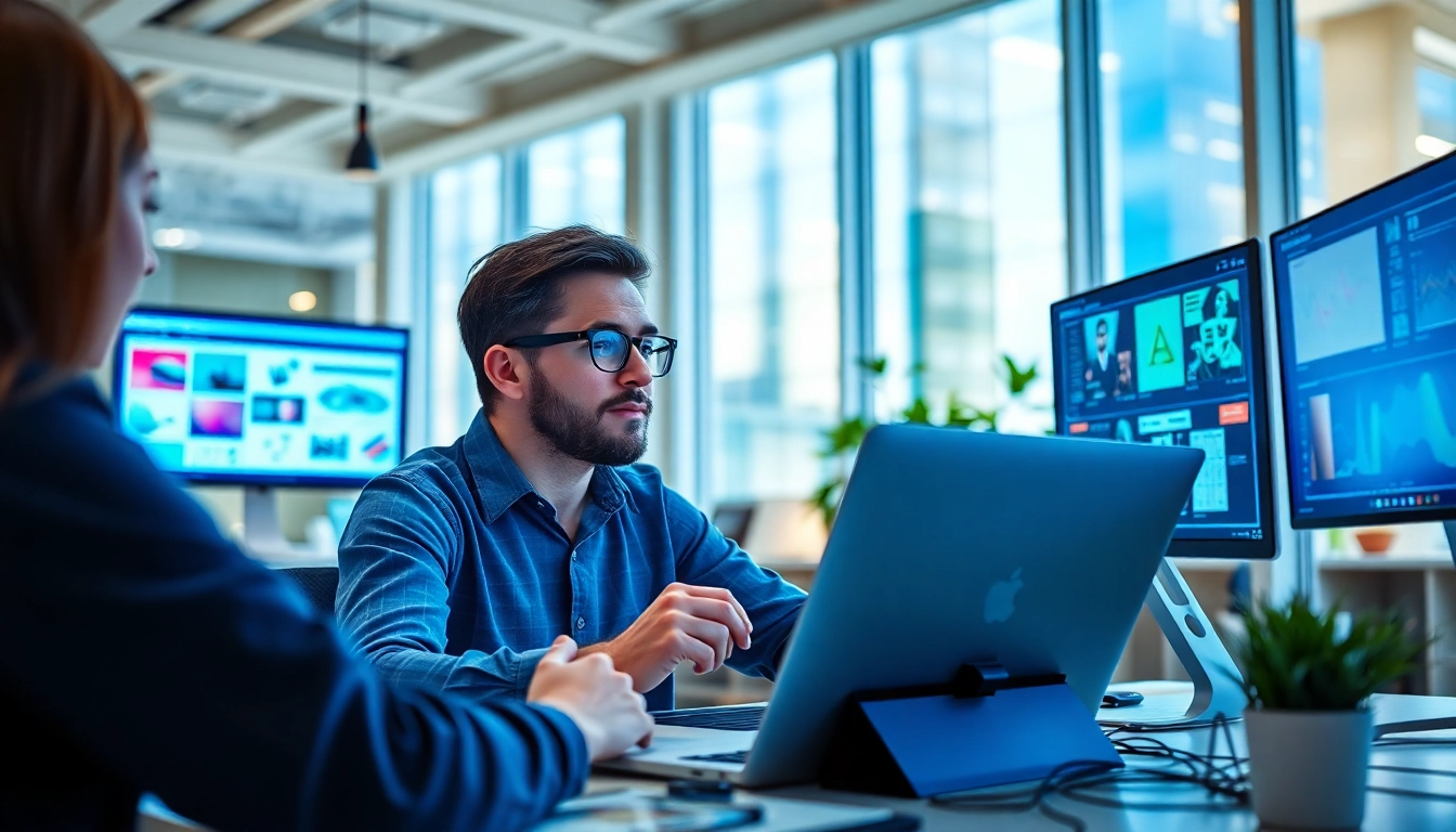 Boost creativity with AI design solutions in a modern workspace featuring a graphic designer and digital tools.