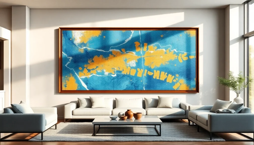 Elegant large frames highlighting vibrant art in a stylish living room setting