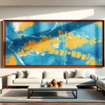 Elegant large frames highlighting vibrant art in a stylish living room setting